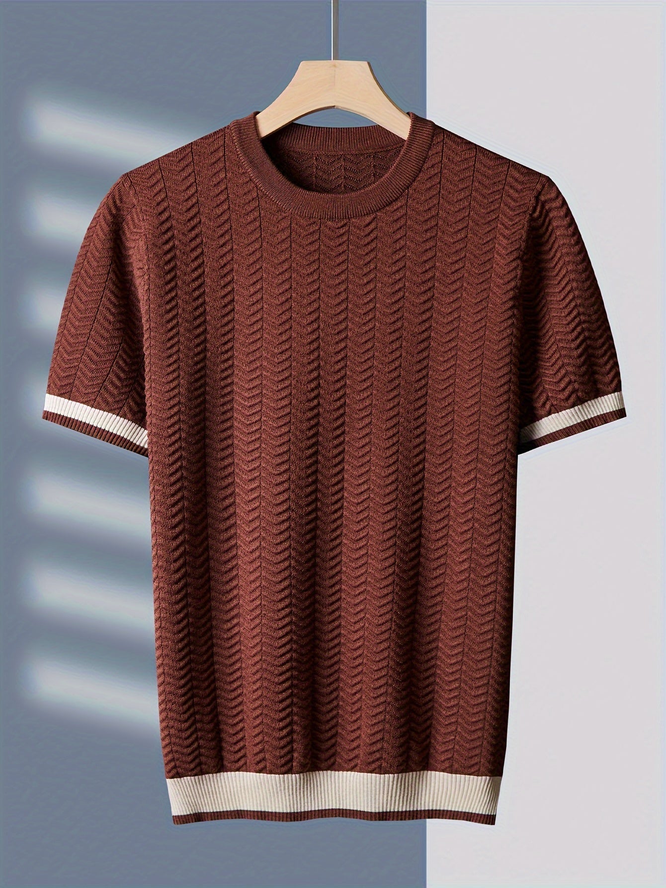 Men's Color Block Striped Knitted Short Sleeve Sweater for Fall/Winter, Street Style Crew Neck