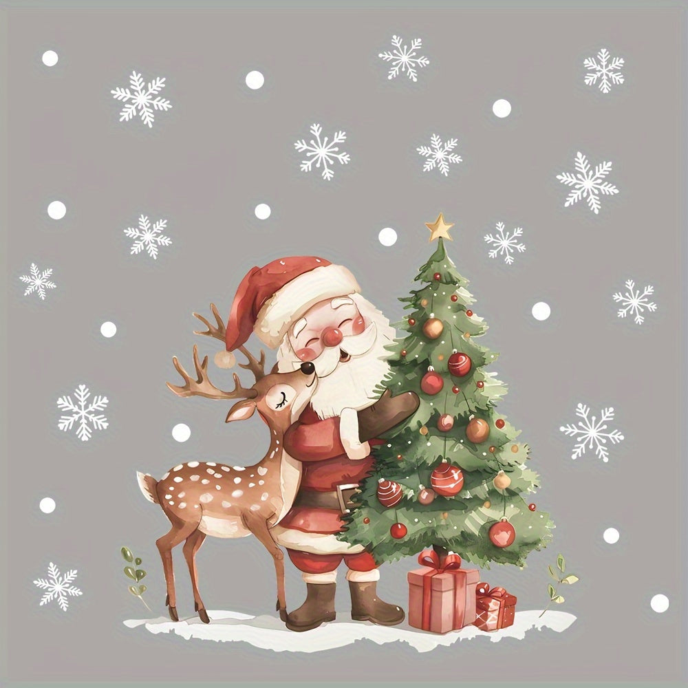 One piece of Christmas Window Cling featuring Cartoon Santa & Reindeer Snowflake Tree design, measuring 38.1X38.1cm. Made of PVC, this decoration is waterproof, removable, static cling, and reusable, perfect for glass door decoration.