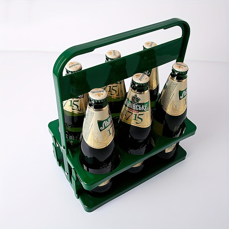 Portable collapsible plastic beer carrier for 6 bottles, ideal for bars, picnics, restaurants, and catering.