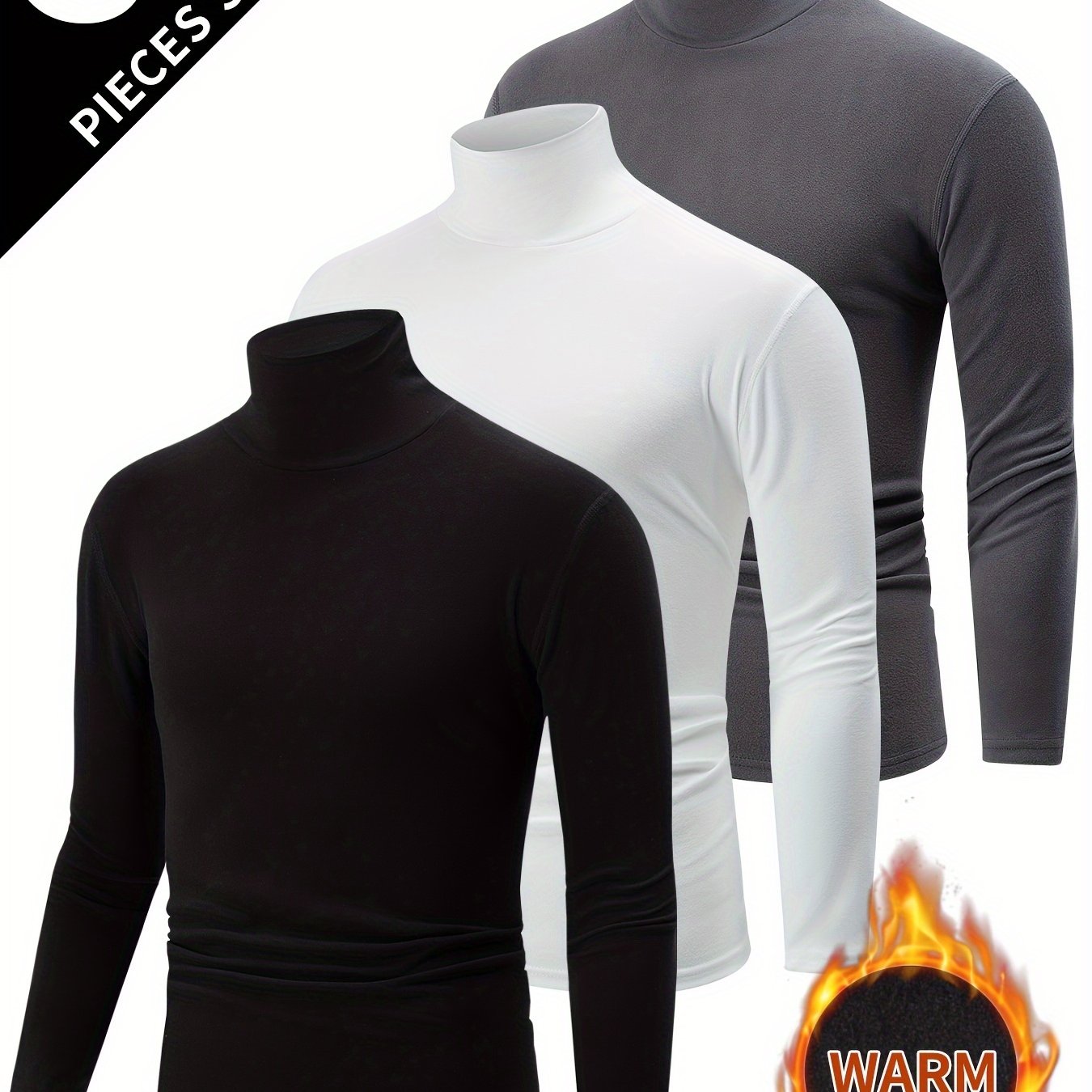 Men's double-sided fleece turtleneck long sleeve shirts, ideal for fall & winter. Stretchy polyester blend, easy care.