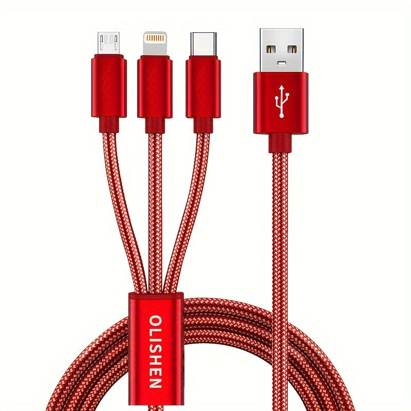 OLISHEN 3-in-1 Nylon Braided USB Charging Cable with multiple lengths (100.58cm/201.17cm/3.02meter) and fast charging capabilities for iPhone, Samsung, Xiaomi, and other devices. Can be