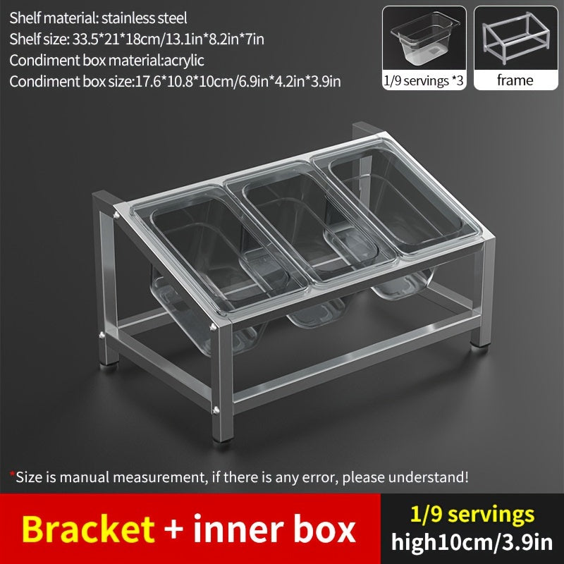 1/9-Compartment Spice Organizer crafted from durable stainless steel - Perfect for organizing spices and seasonings on your countertop. Includes condiment containers for easy storage. Ideal for use in both kitchens and restaurants.