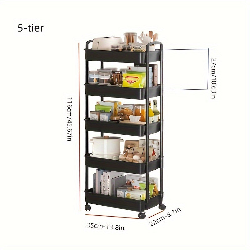 Easily organize your home with the Simple Houseware Heavy Duty Rolling Utility Cart. Available in white or black and with your choice of 3, 4, or 5 tiers, this durable plastic organizer features wheels for convenient maneuverability. Perfect for kitchen