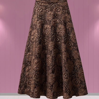 Beige high-waist pencil skirt for women with floral jacquard design, A-line silhouette, made of polyester and machine washable.