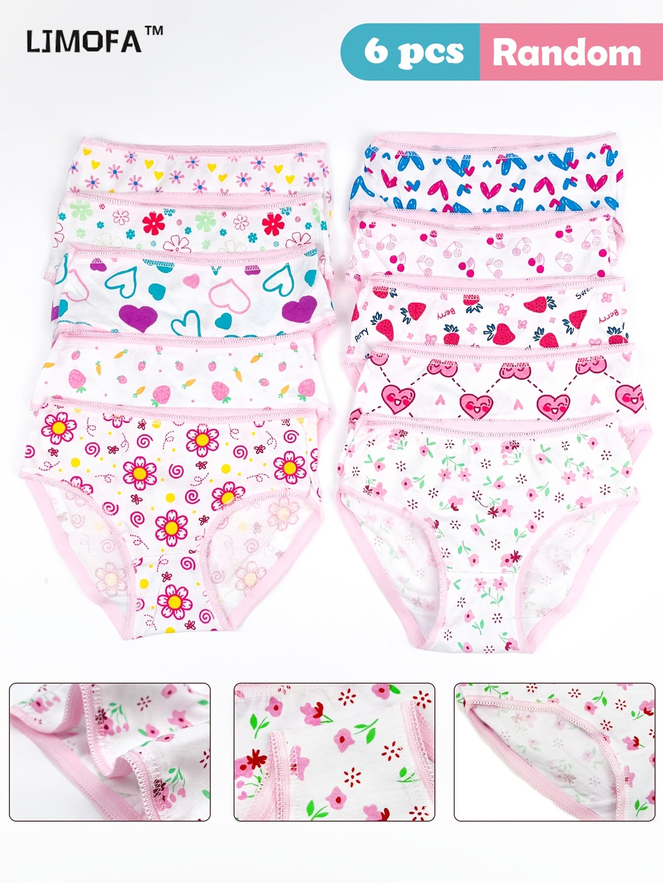 6 girls' cotton panties with love & floral patterns, soft lace underwear