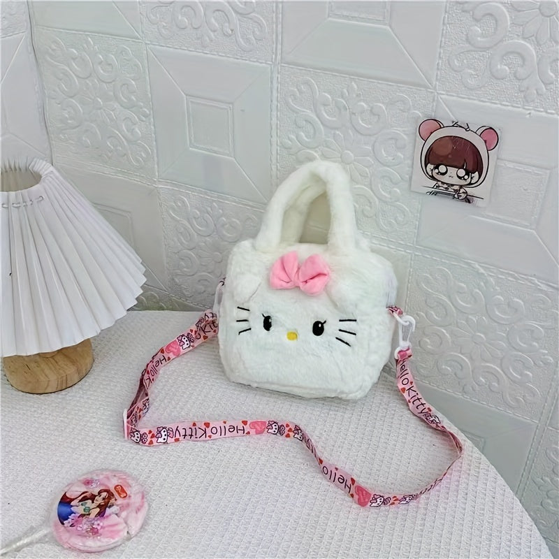 Sanrio Plush Tote Bag featuring Kawaii Kuromi, Cinnamoroll, and Melody characters, with adjustable strap for crossbody use, ideal for women and girls on the go.