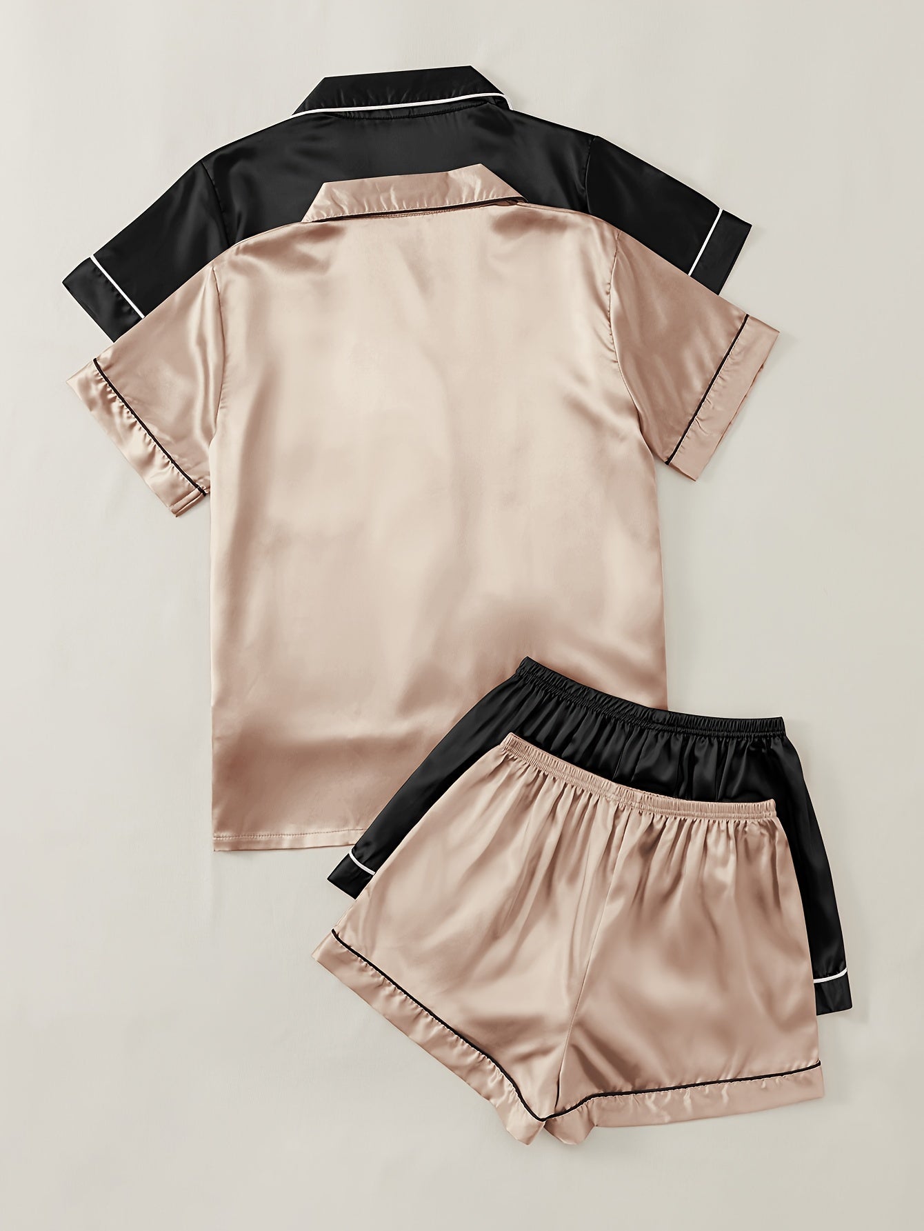 Solid satin pajama set with short sleeve lapel buttons top and bow shorts for women's sleepwear and loungewear.