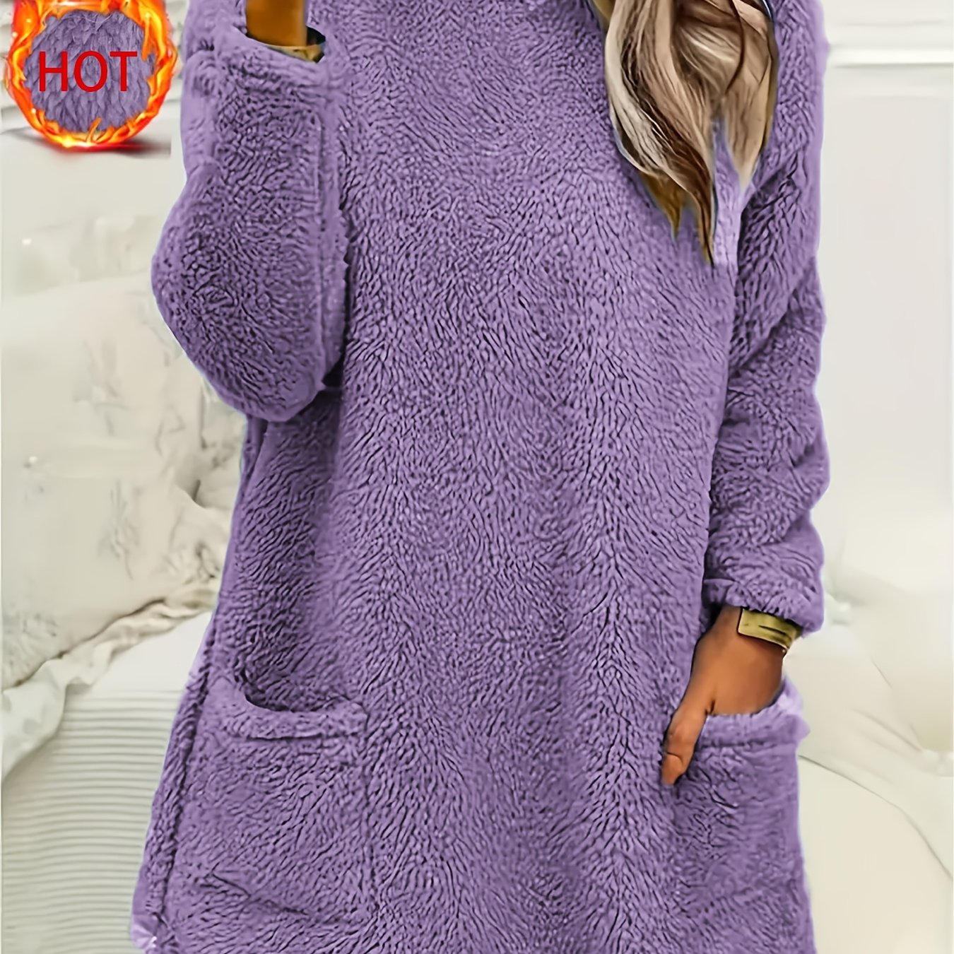 Cozy teddy fleece top for women, crew neck, long sleeve sweatshirt with pocket detail, perfect for fall/winter home wear.