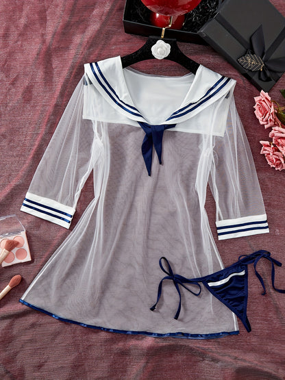 Sexy Preppy cosplay costume: sheer mesh sailor dress with thong.