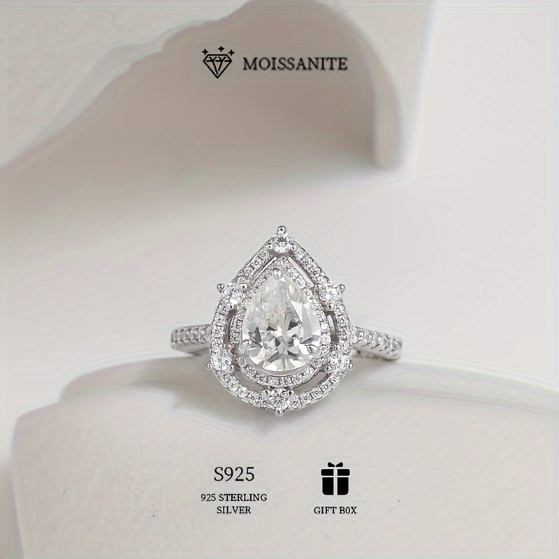 Beautiful 2ct Moissanite Engagement Ring - Crafted from Hypoallergenic S925 Sterling Silver, Featuring a Stunning Double Water Drop Design, Ideal for Weddings & Special Occasions, Comes in a Luxurious Box