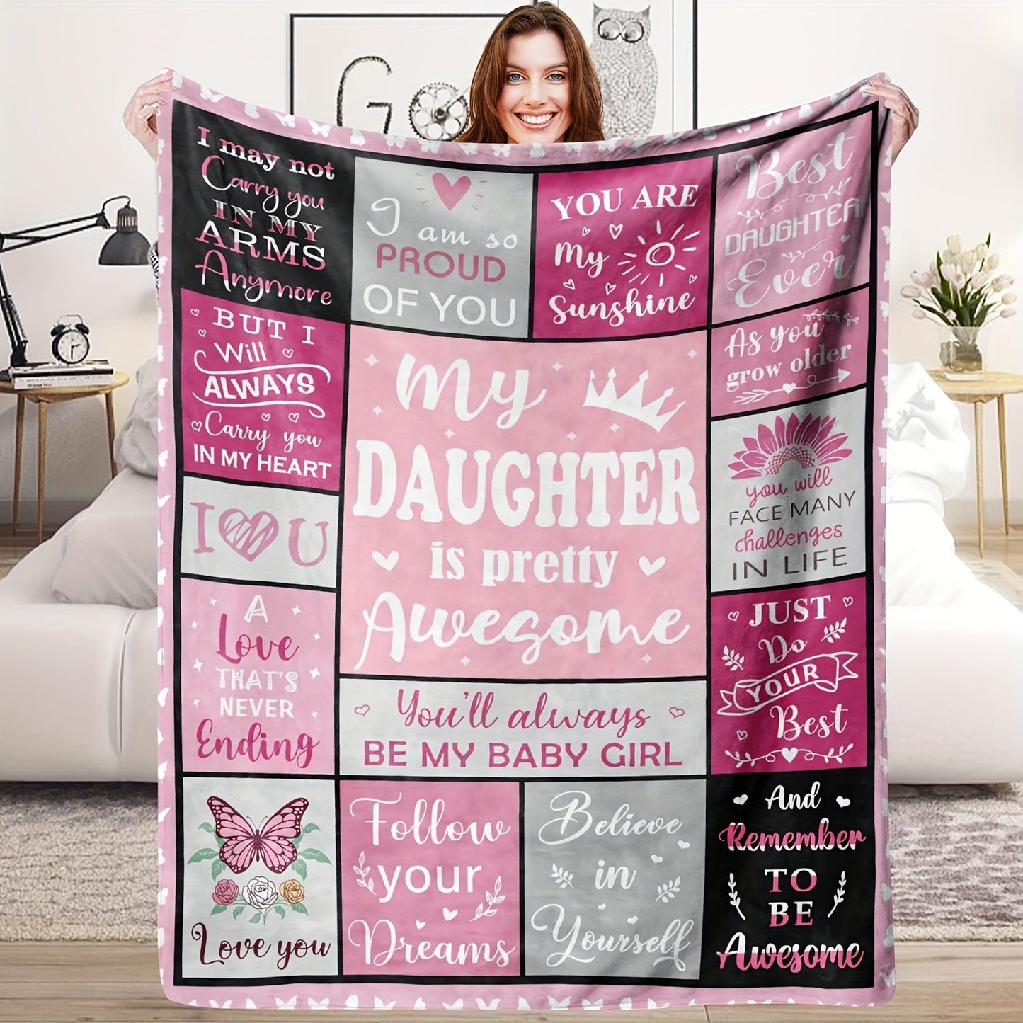 Soft flannel throw blanket with pink patchwork pattern and inspirational quotes, perfect for my daughter. The perfect gift for a cozy home decor.