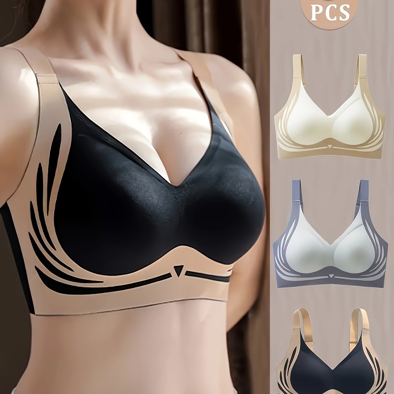 3-Pack Seamless Push Up Bralettes for Women, Casual Style with Color Block Design, Medium Support, Non-Slip, Wire-Free, Comfortable Daily Wear