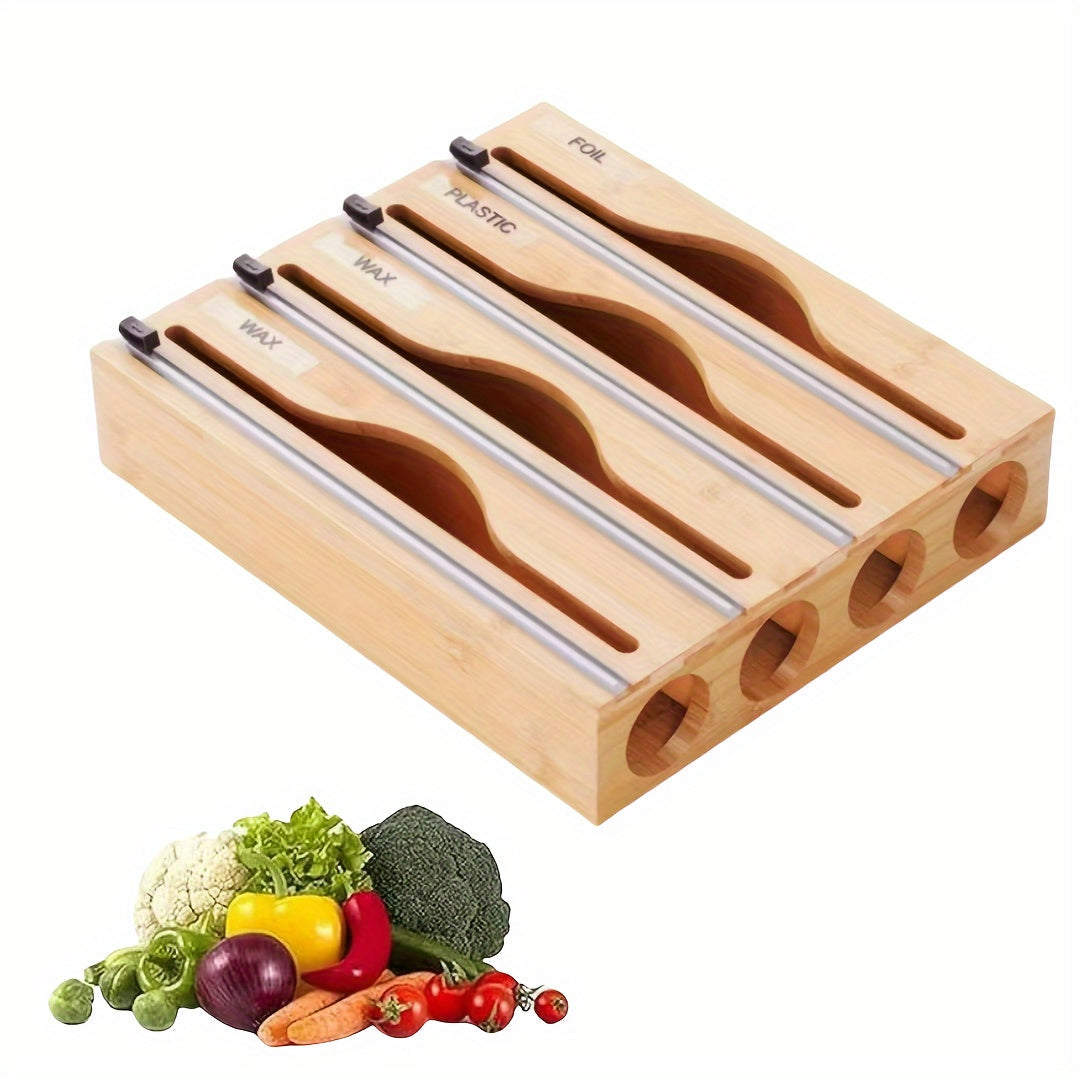 Bamboo Kitchen Wrap Organizer - Eco-Friendly Storage Box for Plastic Wrap, Aluminum Foil, Wax Paper - Manual Cutter, Non-Electric, Food-Safe