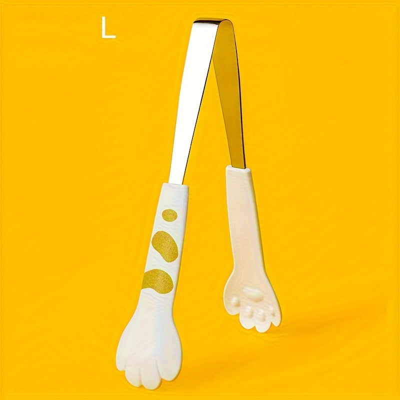 Cat paw shaped stainless steel tongs for various kitchen tasks.