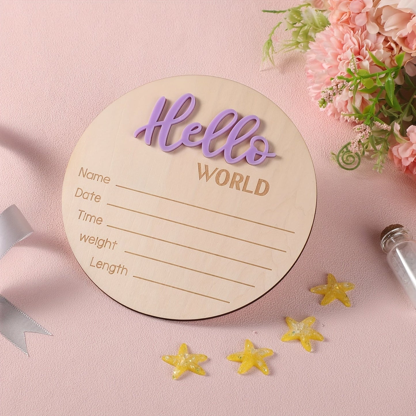 Personalized Wooden "Hello World" Plaque Welcome Sign - 14.99 cm, includes Name, Date, Time, Weight, Length Details for Birth Announcement. Perfect for Nursery, Hospital, Daycare Decor. Suitable for Ages 14 and Up.