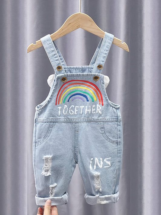 Girls' Rainbow Angel Denim Overalls with "TOGETHER WE ARE INS" Embroidery - Comfy Blend, Ripped Detail, Ideal for Spring/Fall, Denim Girls Outfit