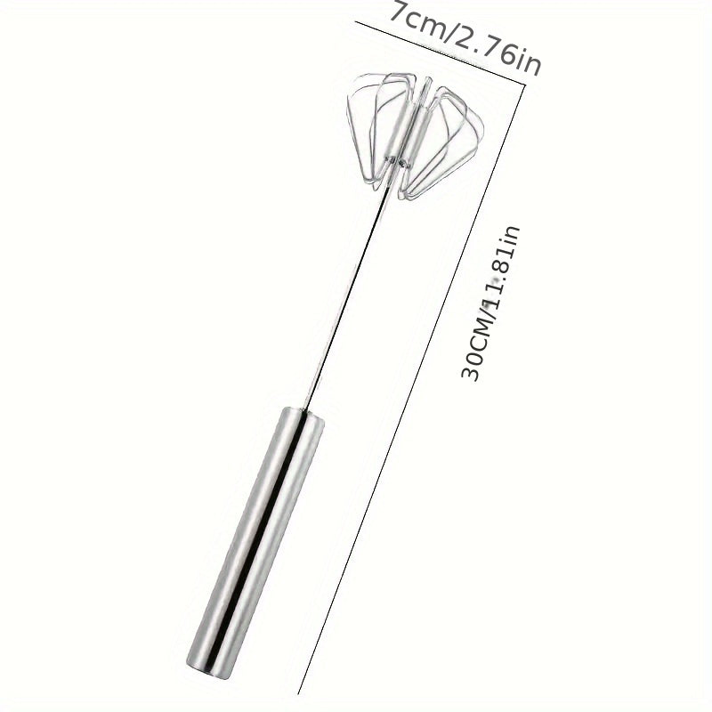 Hand-held stainless steel manual egg beater for baking and cooking, no battery needed.