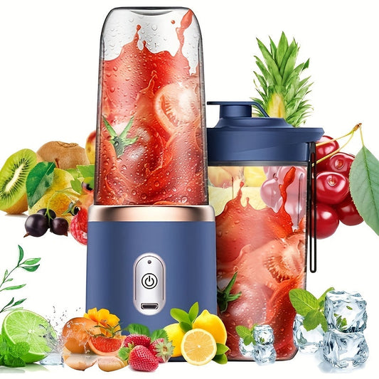 Compact and multifunctional fruit juicer cup with built-in lithium battery that is rechargeable via USB, 1500mAh capacity, made of round plastic.