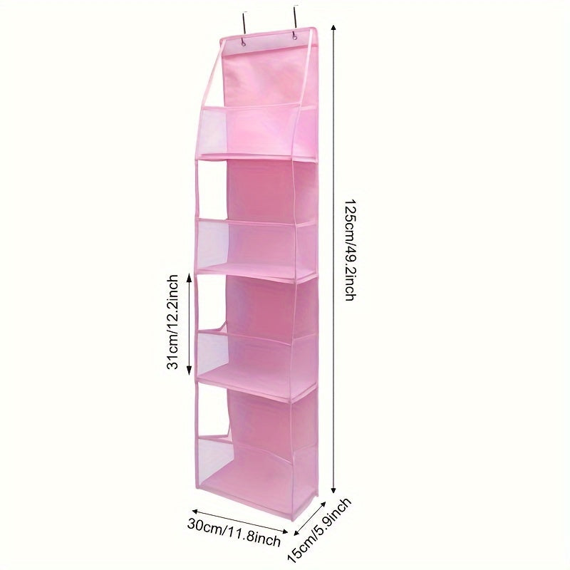 A fabric organizer in pink, designed to be mounted on a door and featuring four pockets. This versatile storage rack can be used in wardrobes, bathrooms, bedrooms, or dormitories. It includes a transparent window and a reinforced rack, along with two