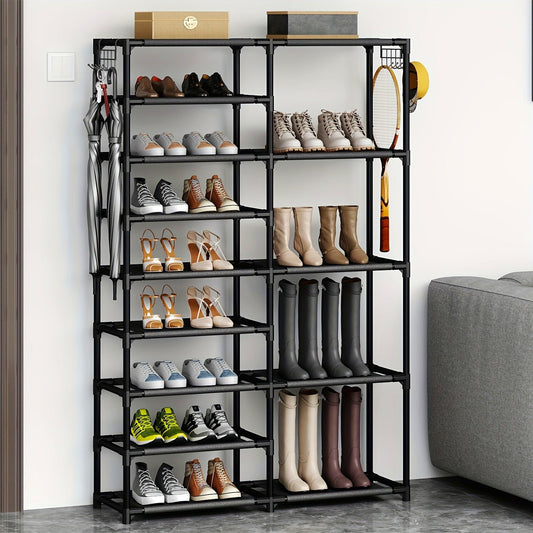 Description: This black shoe rack has a tall design with a large capacity for up to 24-35 pairs of shoes. It features two rows of multifunctional hooks for added organization and storage. Perfect for organizing your shoes in the garage or any other