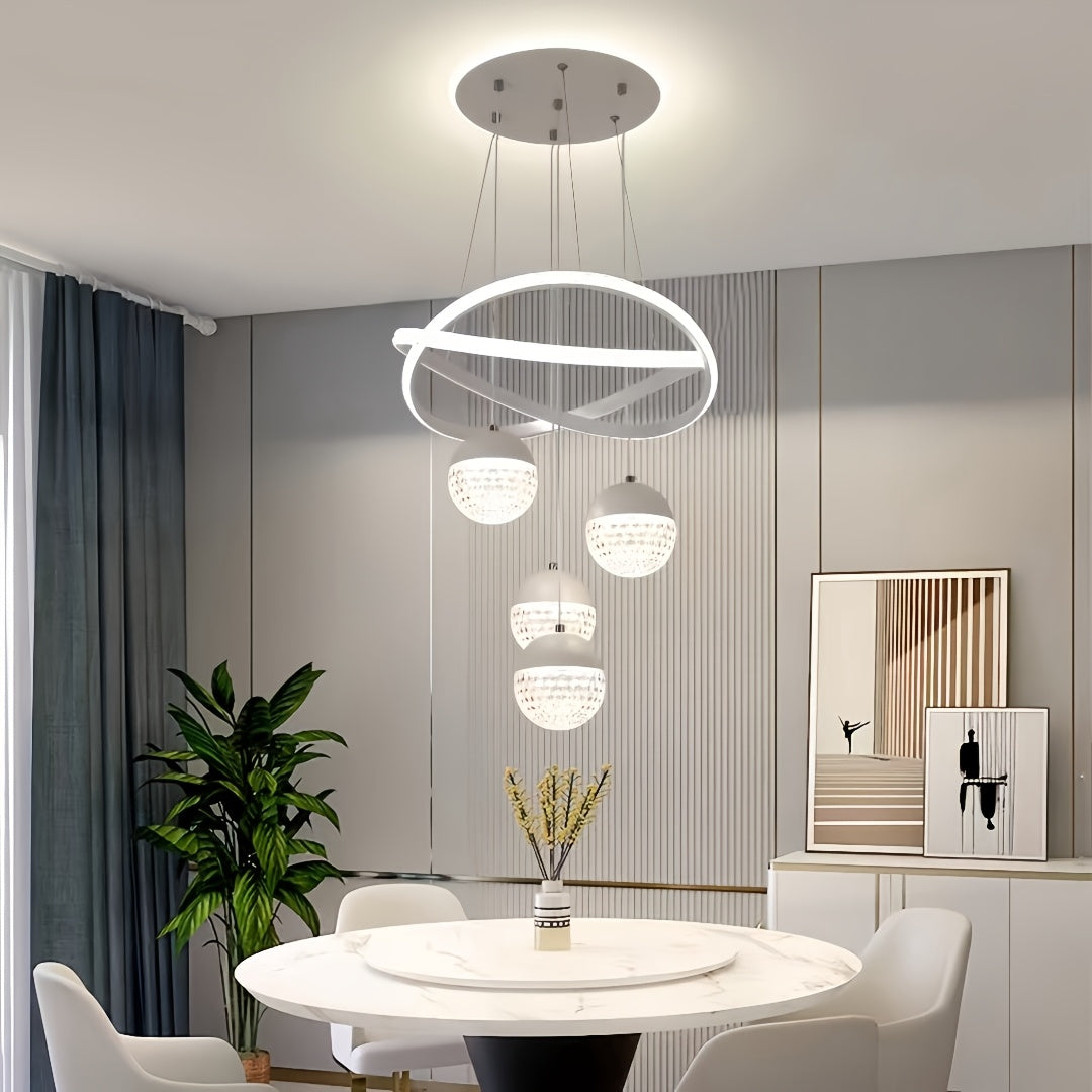 Modern LED Ceiling Light with 4 Acrylic Ball Pendants - Dimmable, Easy to Install for Various Decor Settings