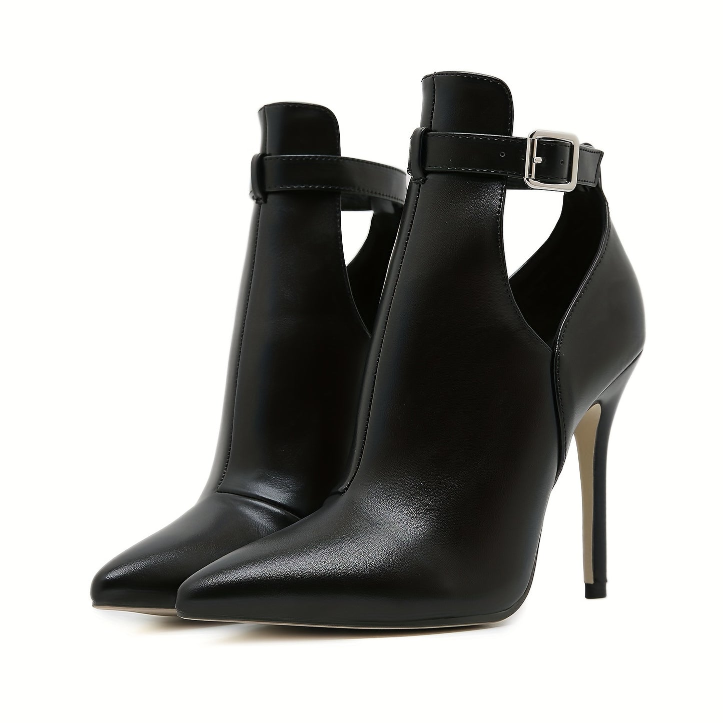 Stylish ankle bootie with buckle closure, pointed toe stiletto heel, rubber sole, and fabric insole. Made in Huizhou.