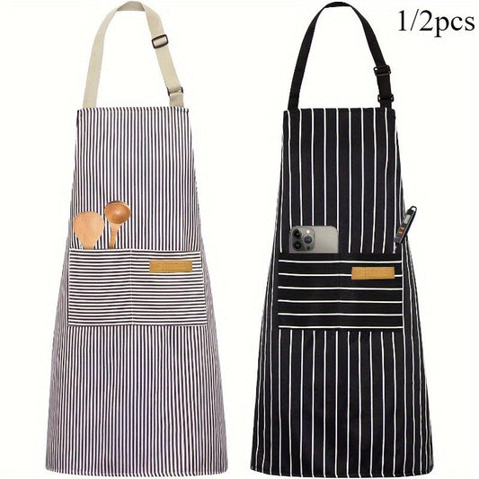 Adjustable Apron Set (2pcs) - Black and White Striped Aprons with Pocket for Men and Women, Perfect for Cooking and Home Kitchen Use