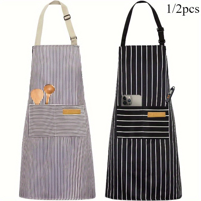 One or two adjustable aprons in a stylish black and white striped design, featuring a convenient pocket for both women and men in the home kitchen. Perfect for cooking, these chef aprons are essential kitchen supplies.