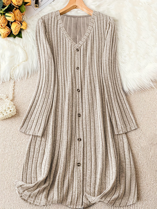 Plus size ribbed V-neck dress for fall & winter. Casual long sleeve with button front. Women's plus size clothing.