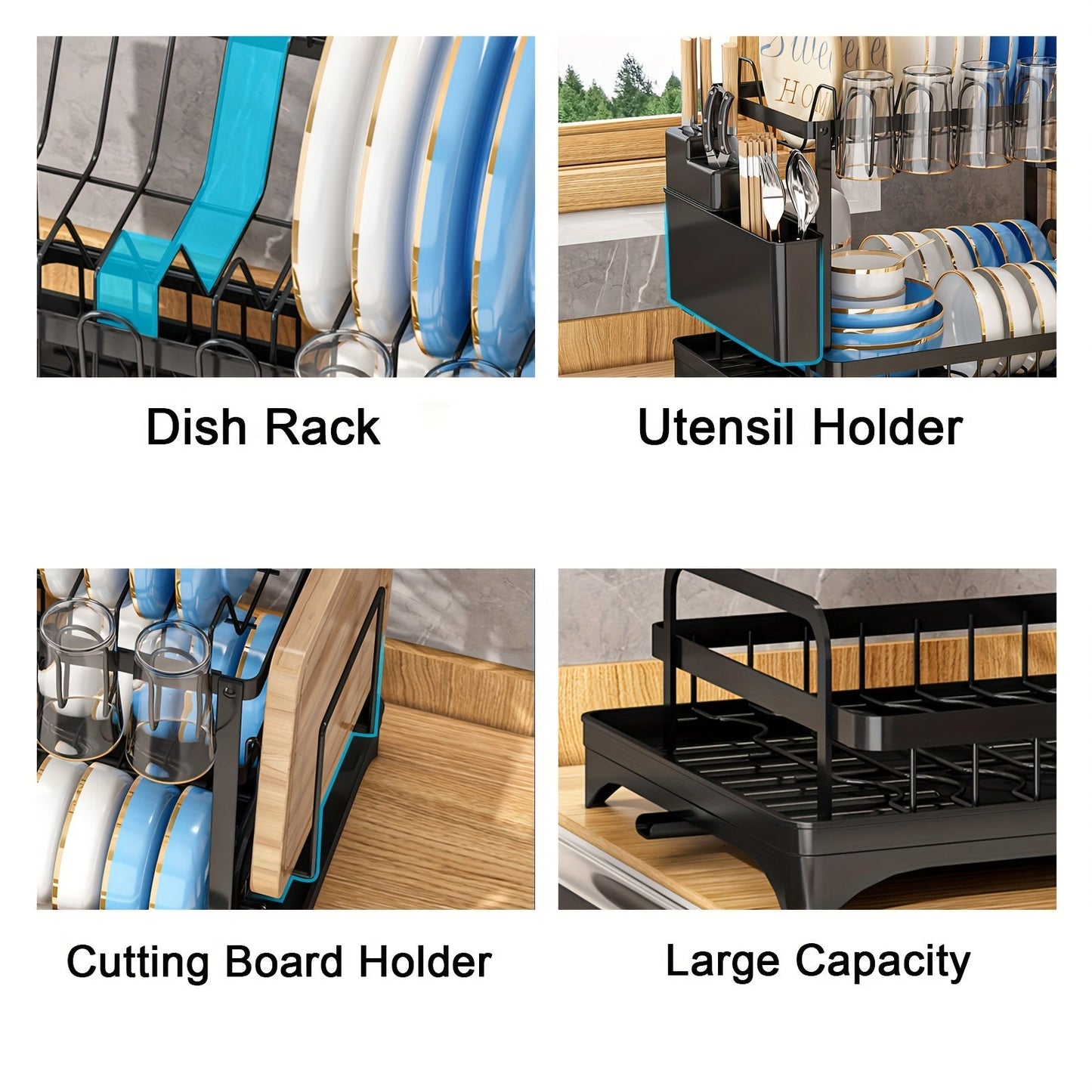 Rustproof Two-Tier Kitchen Rack with Drainboard, Utensil Holder, and Dish Drying Function for Countertop Use