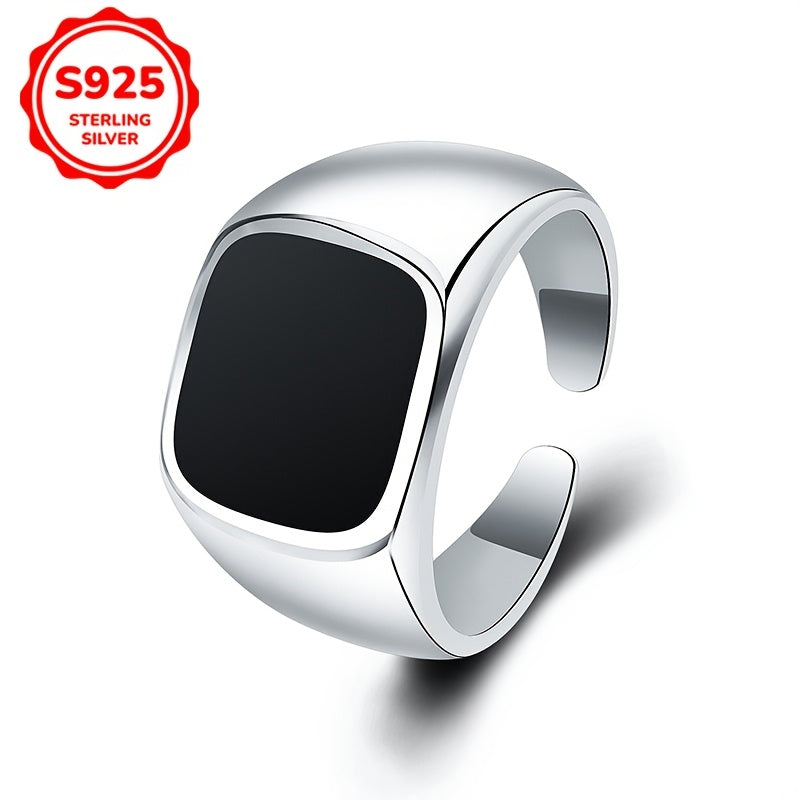 925 Silver Unisex Geometric Black Square Ring with Middle Eastern Design, Open-End Style, Lightweight at 4g/0.141oz