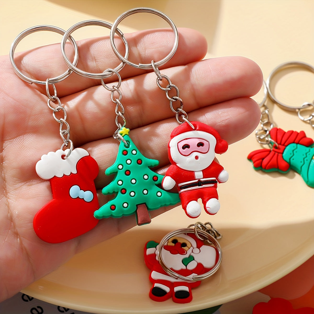 Christmas Keychain Set with 46 Pieces, featuring Santa, Snowman, Christmas Tree, and other Cartoon Characters. Made of PVC, Round Shape with Ring Buckle. Festive Decor for Car Keys and Gifts.