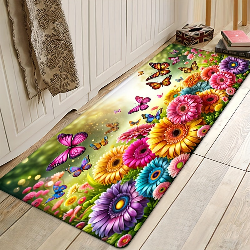 1 piece of Flannel Flower Anti-fatigue Kitchen Carpet with Sunflower Absorption and Anti-slip features, Butterfly Stain Resistant and Waterproof Mat for comfort in any room.