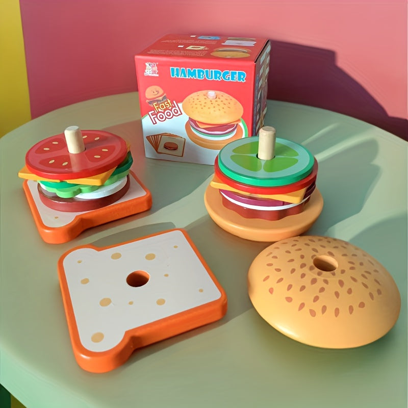 Children's Wooden Pretend Hamburger and Sandwich Set with Matching Props, Cutting Food, Kitchen Tools, Perfect for Kindergarten Family Toys, Ideal Gifts for Christmas, Halloween, and Thanksgiving