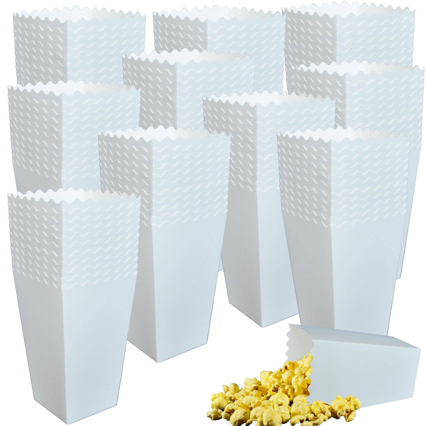 Mini white popcorn boxes in a set of 48, perfect for individual servings. These paper containers are ideal for weddings, birthday parties, or small pretzel and candy bar treats. Use them as movie theater snack boxes.