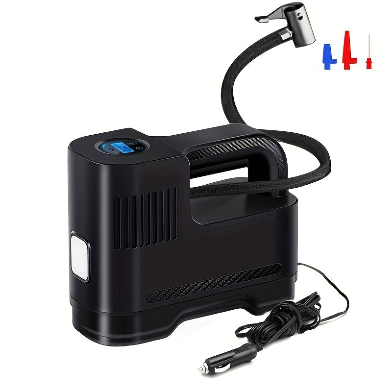 Portable air compressor pump with corded digital tire inflator, suitable for cars and motorcycles, featuring LED lights.