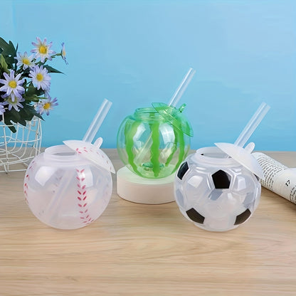 Stylish and portable cups for kids: Creative straw cups in football, watermelon, and baseball designs, perfect for milk tea and fruit drinks.