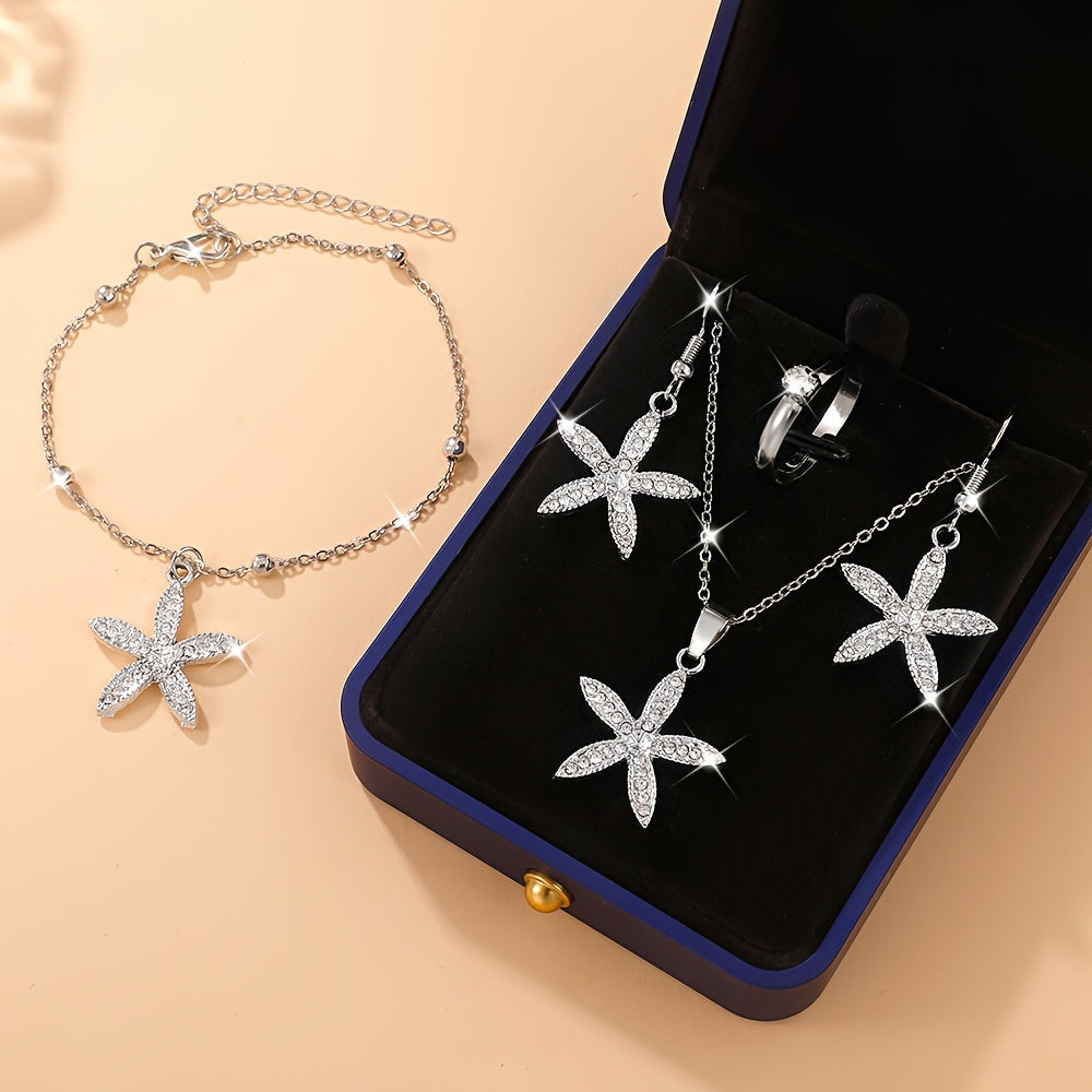 Luxurious 5-piece jewelry set with floral pendant necklace, bracelet, earrings, and rings. Perfect gift for her or mom.