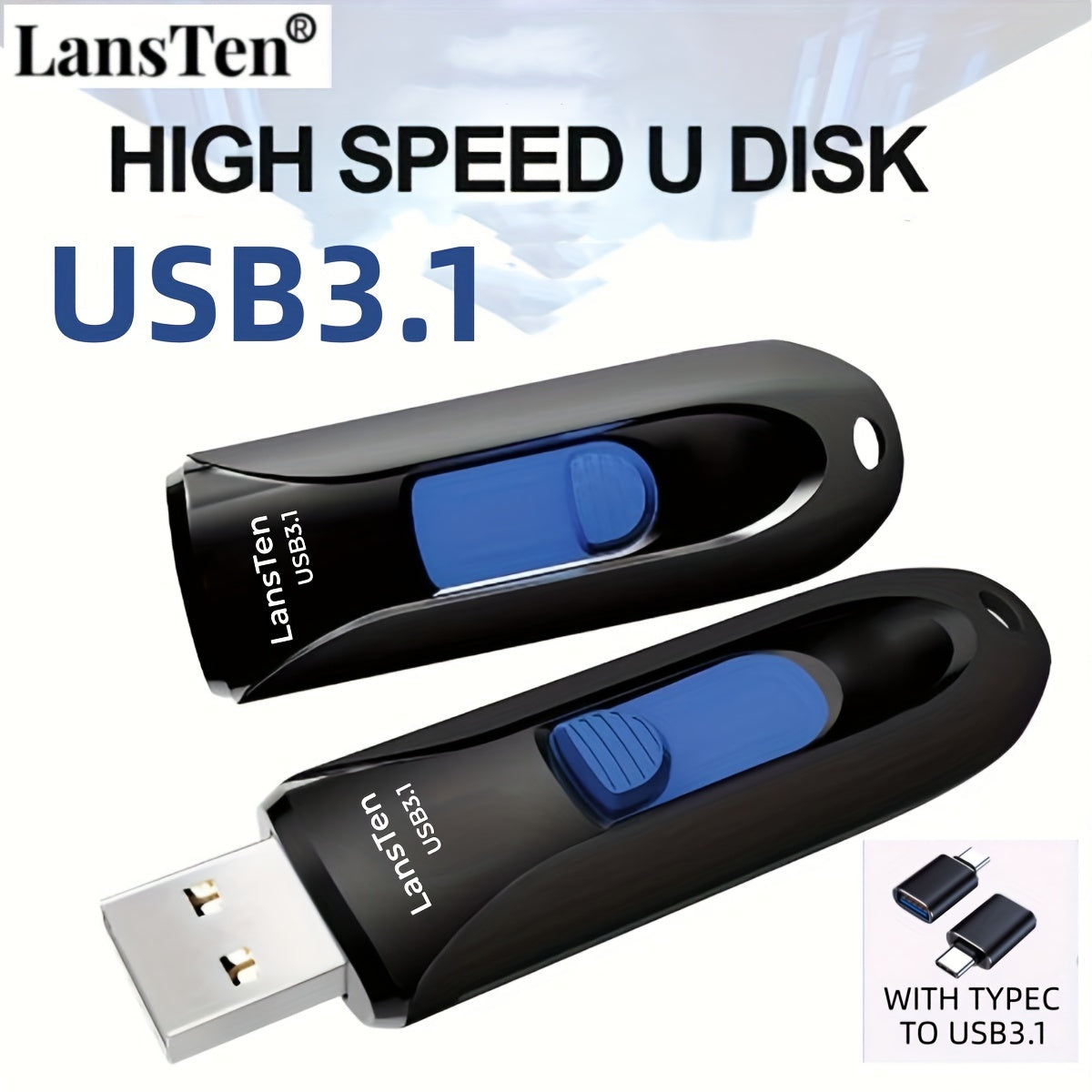 LansTen High-Speed USB 3.1 Flash Drive with Type-C to USB 3.1 Adapter, Available in various capacities, Durable Zip Drive for Computer Storage