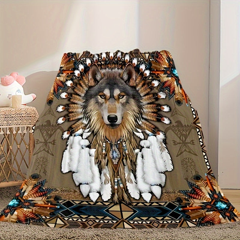 1 piece of Native American inspired blanket featuring a wolf feather print design. Made of soft and warm flannel, this blanket is perfect for snuggling up on the couch, sofa, office, bed, or even taking on camping trips or travels. A versatile gift for