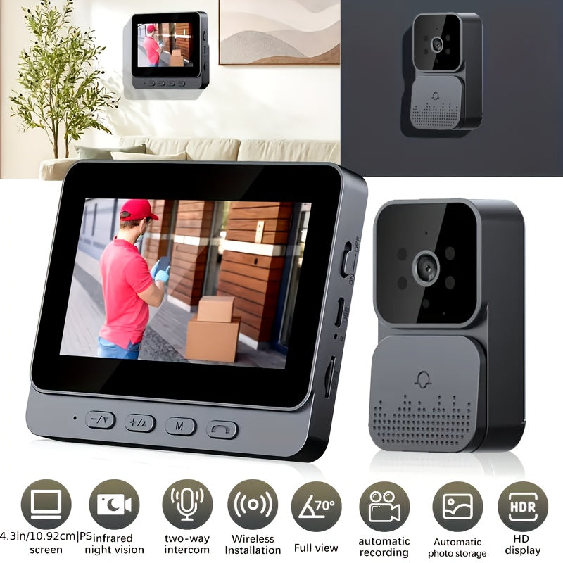 Wireless video doorbell with HD screen, two-way intercom, night vision, rechargeable battery, easy installation, and no app required for home security.