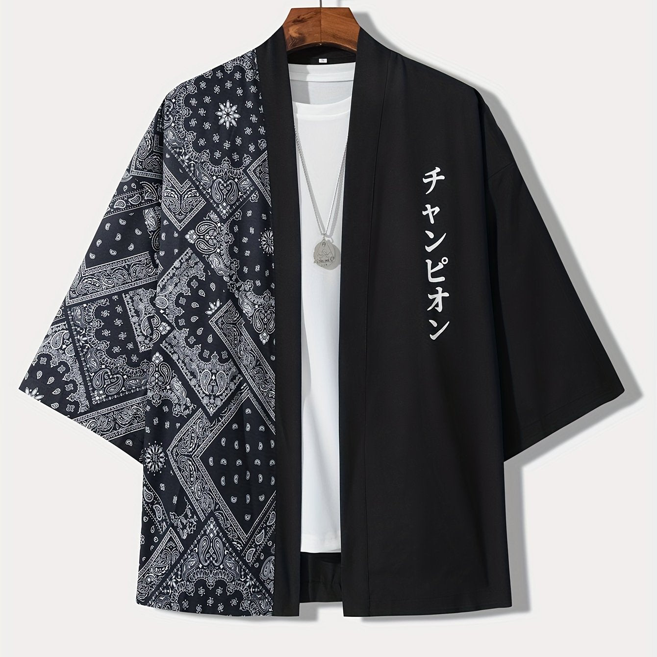 Men's loose-fitting kimono-style shirt with paisley and Japanese letter print, perfect for summer vacation photos at the resort.