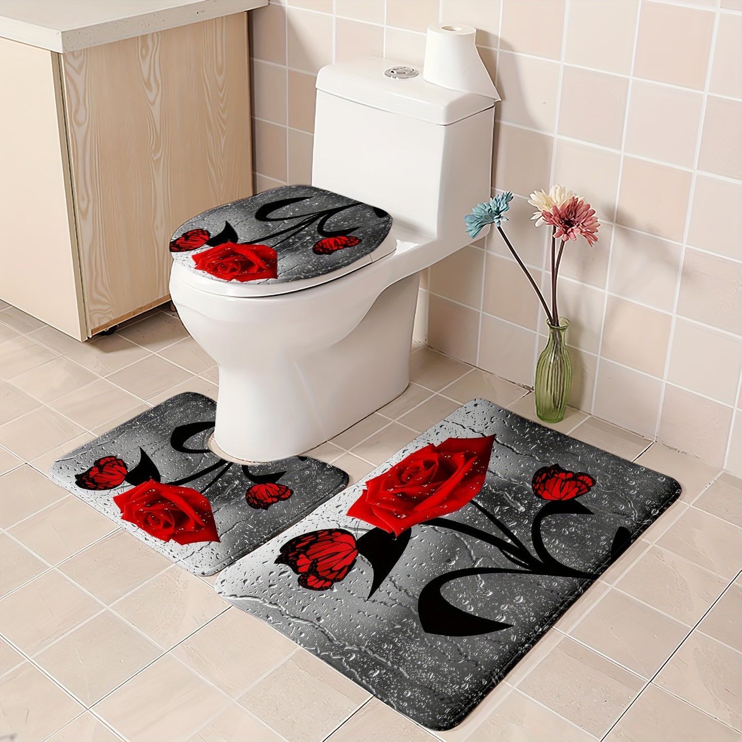 Water drop rose printed shower curtain set with hooks, non-slip mat, toilet lid mat, U-shape mat, and bathtub partition, a complete bathroom accessory set for home decor.