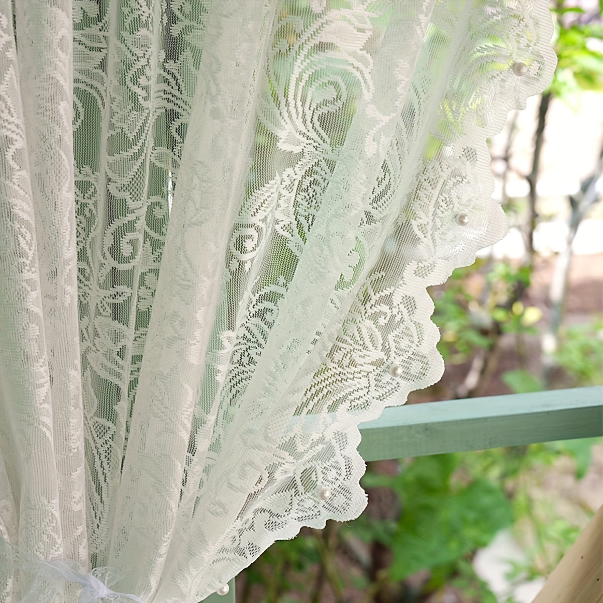 Small flower yarn rod pocket curtain adorned with beads and lace, suitable for kitchens, bedrooms, study rooms, cafes, and living room home decor