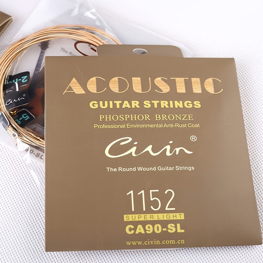 Acoustic folk guitar strings with carbon steel and phosphor copper coating, rust-resistant, high-quality packaging, 6 strings, bright sound, smooth feel, ideal for stage performance.