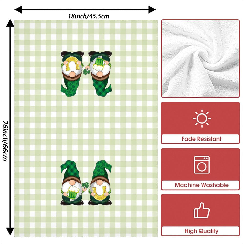 Two whimsical gnome St. Patrick's Day kitchen towels are included in this set. They measure 45.72x66.04cm and are made of soft, quick-dry, and highly absorbent polyester material. The decorative tea towels feature a green checkered background, perfect