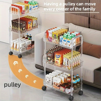 3-Tier rolling storage cart with easy assembly, durable acrylic organizer for snacks, beauty, and personal care products. Ideal for bathroom, office, and laundry room.