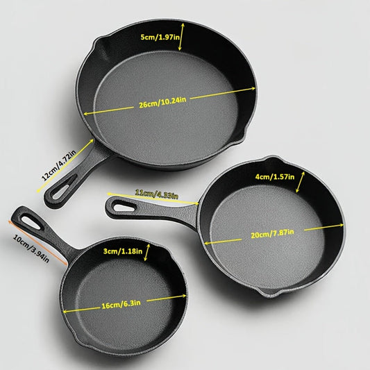 Set of three seasoned cast iron skillets - 15.24cm, 20.32cm, 25.4cm non-stick frying pans. Suitable for oven use, these professional restaurant quality cookware pieces are perfect for both indoor and outdoor cooking.