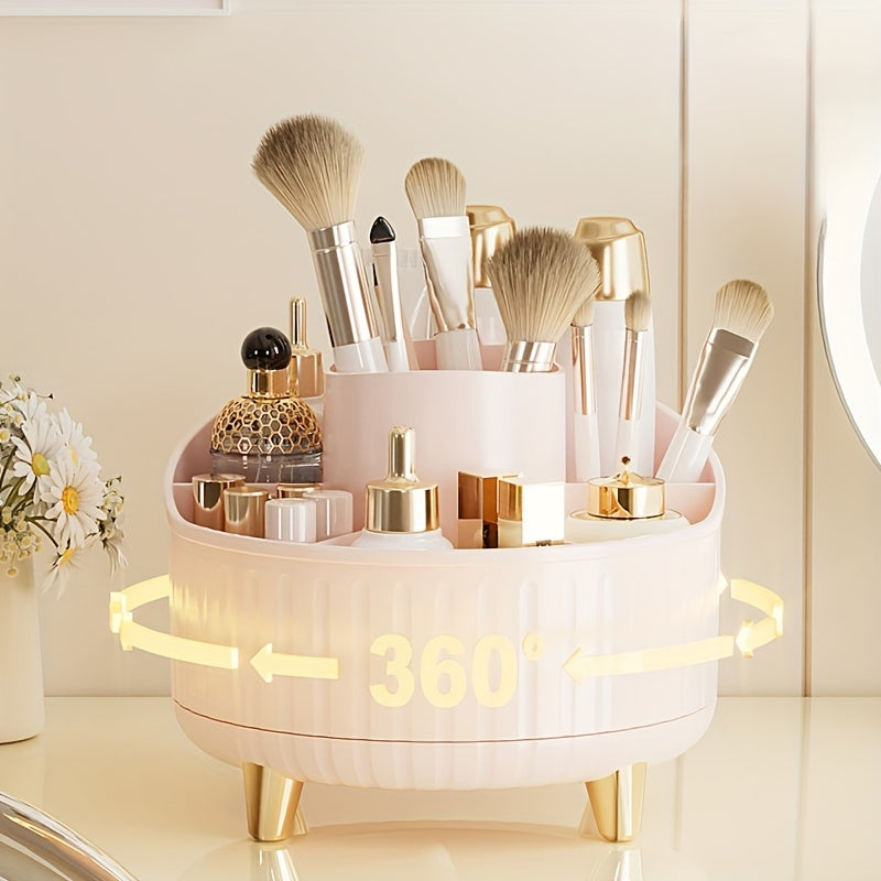 Rotating makeup organizer with large capacity for cosmetics, brushes, skincare, and office supplies. No installation needed, polished finish.