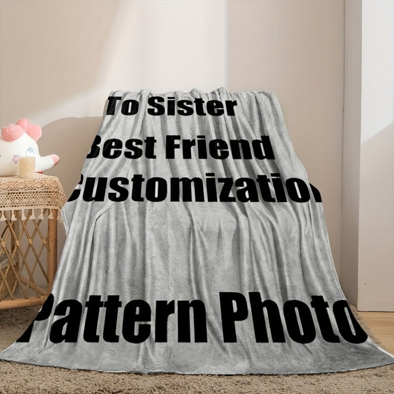 Customize your living space with our personalized 1 piece flannel fleece blanket. This digital print heat transfer blanket features your own photo and a contemporary geometric pattern. Perfect for all seasons, it is reversible and can be used for